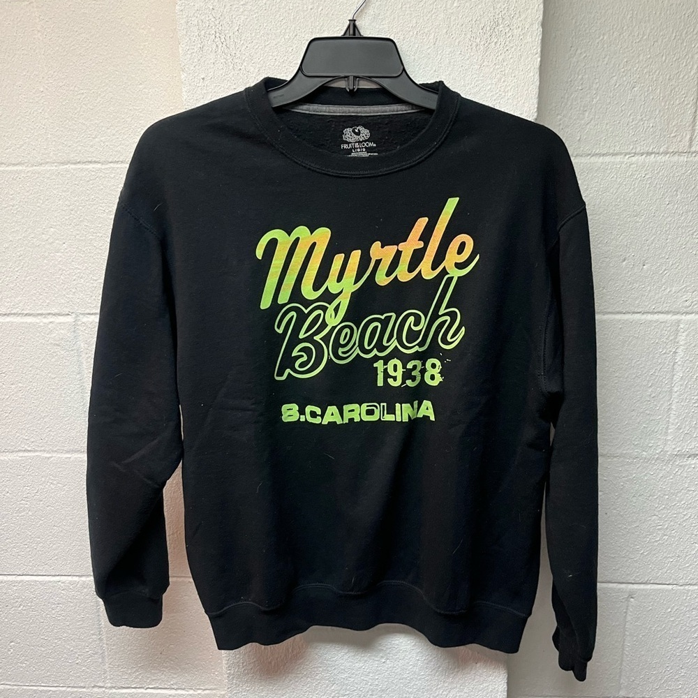 Fruit of the Loom Black Crewneck Sweater with Green and Yellow Graphic. Large